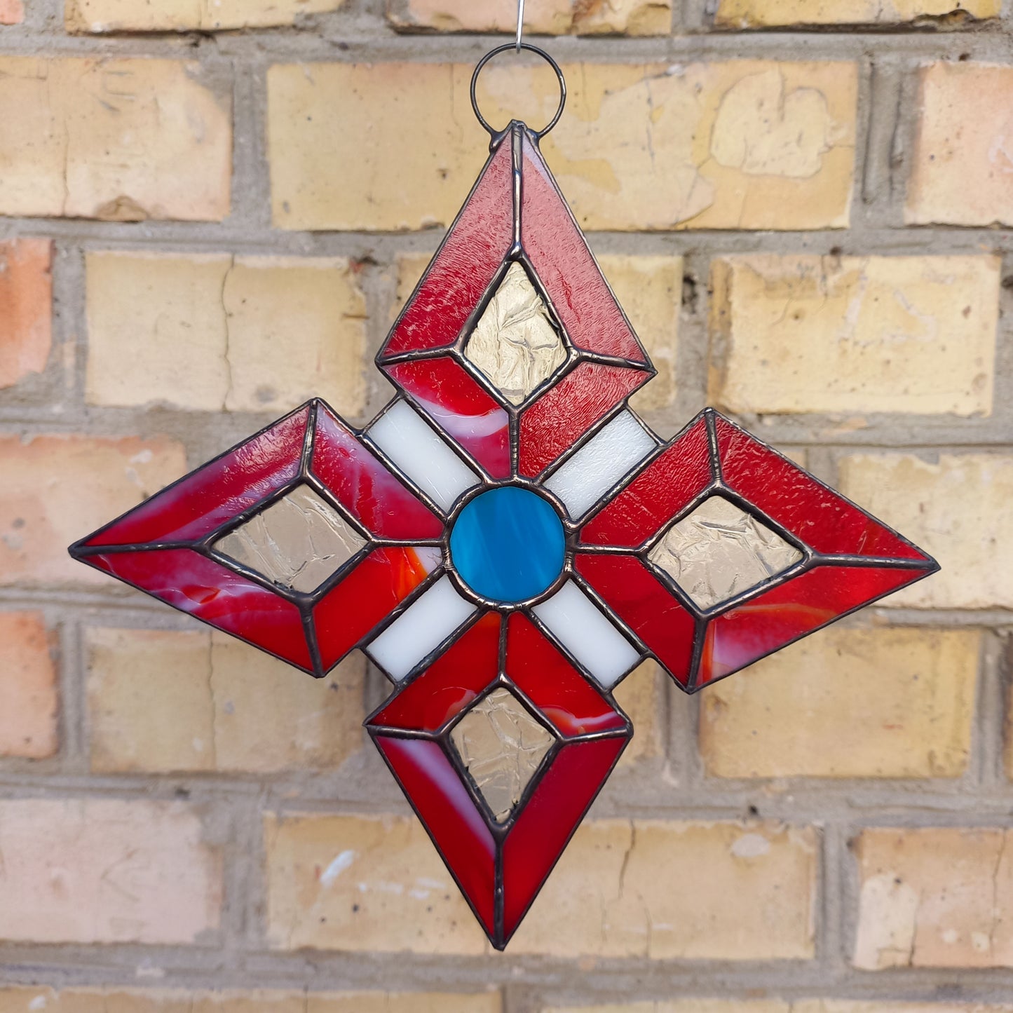 Abstract Red Geometric Star Stained Glass Suncatcher