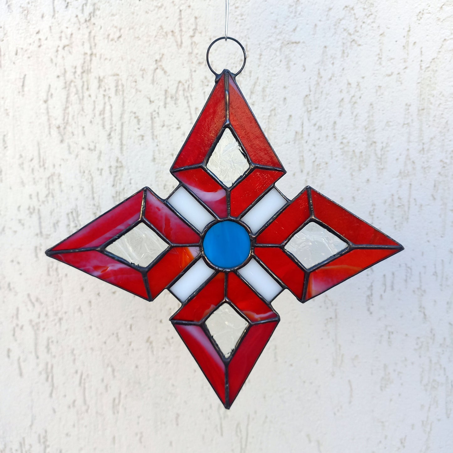 Abstract Red Geometric Star Stained Glass Suncatcher
