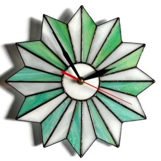 Beach Themed Stained Glass Starburst Wall Clock Teal White 10 / 14 Inch