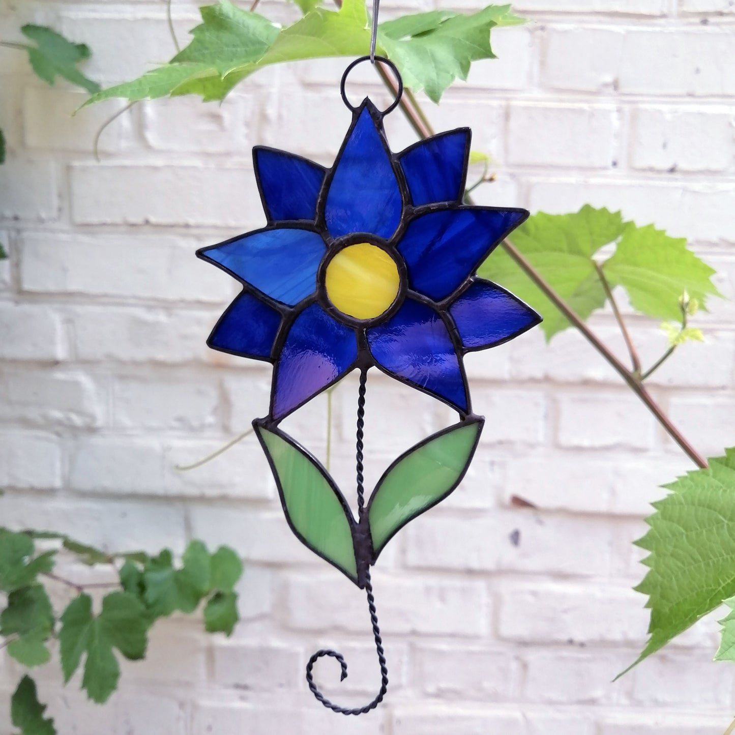 Abstract Blue Clematis Flower Stained Glass Suncatcher