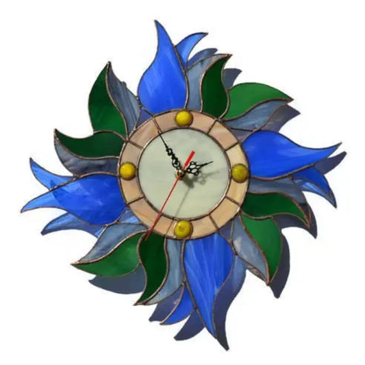 Boho Blue Tulips Stained Glass Wall Clock with Flowers 12 Inch