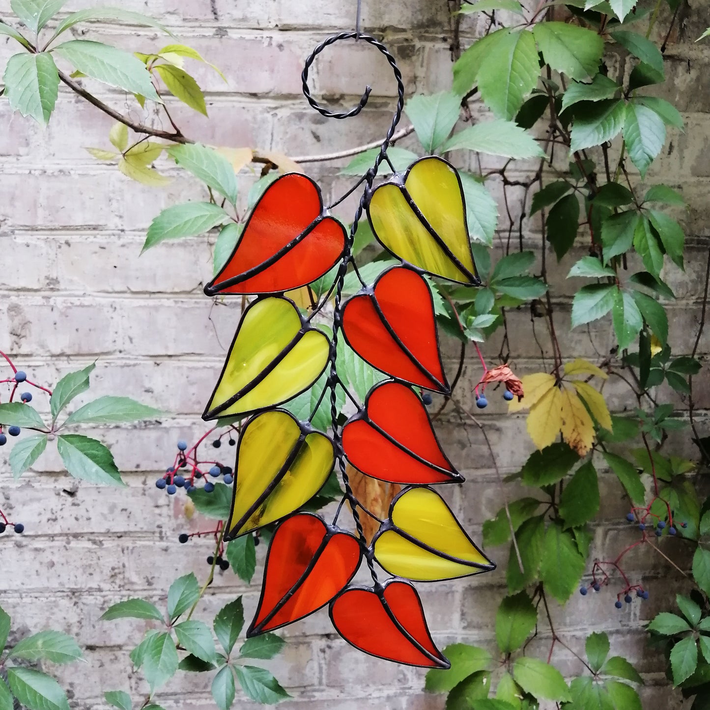 Colorful Stained Glass Fall Leaves on a Tree Branch Suncatcher