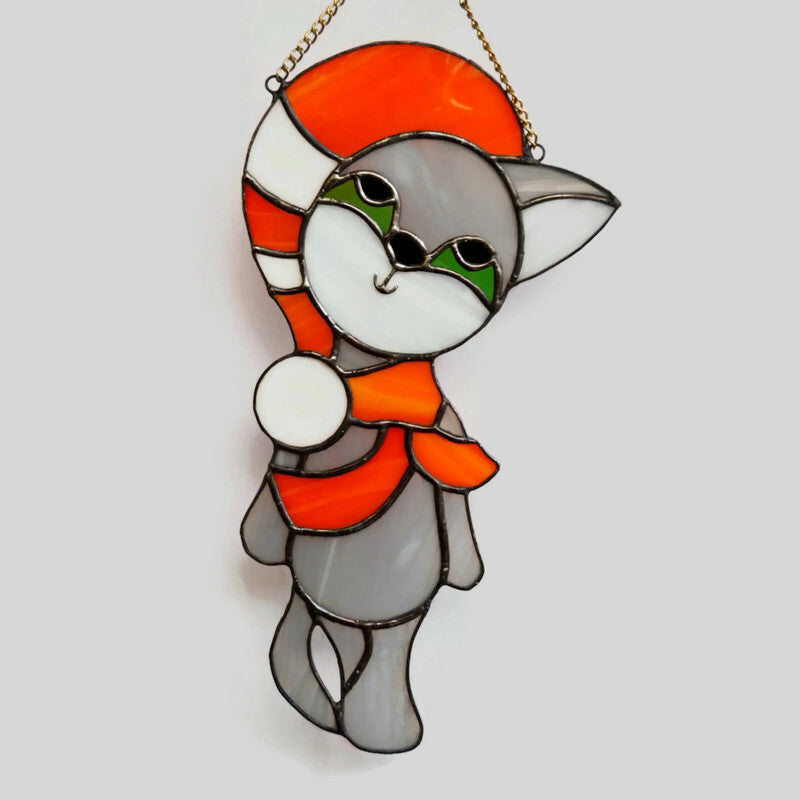 Lovely Gray Cat in Hat Stained Glass Suncatcher