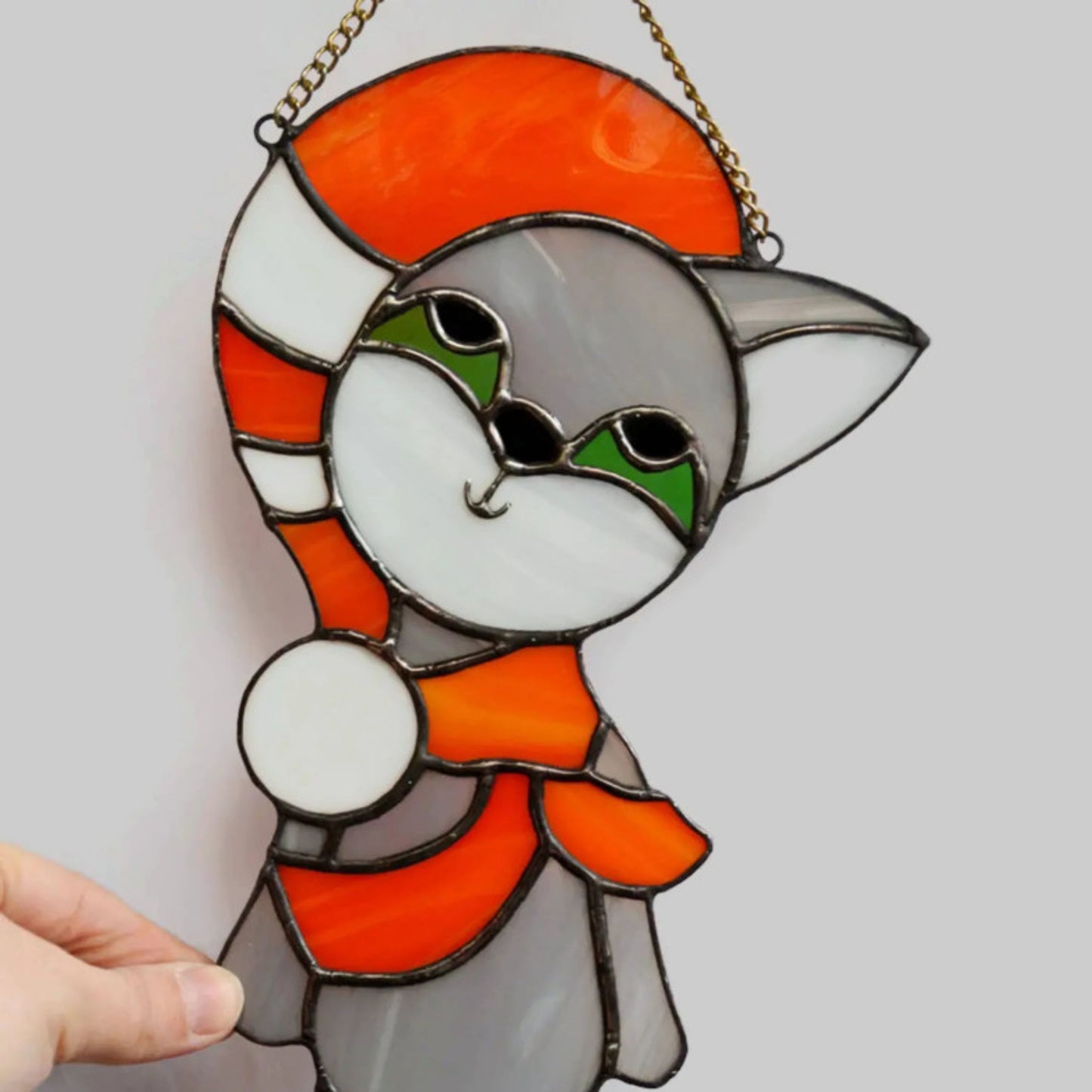 Lovely Gray Cat in Hat Stained Glass Suncatcher