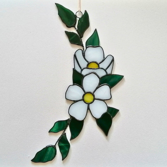 White Sakura Blossom Branch Stained Glass Suncatcher