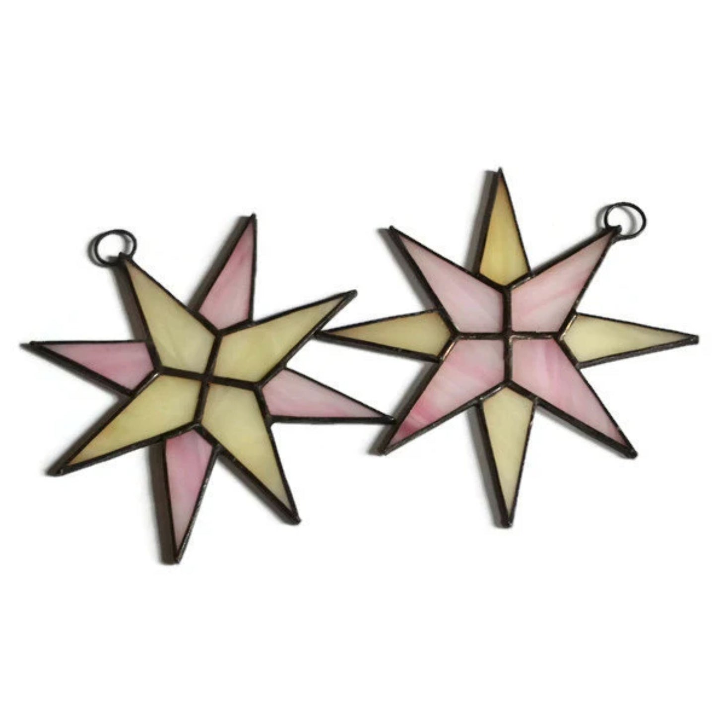 Christmas Star Stained Glass Ornaments Set of 2 Pink Ivory