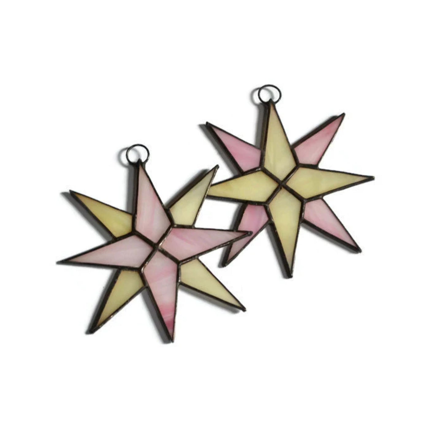 Christmas Star Stained Glass Ornaments Set of 2 Pink Ivory