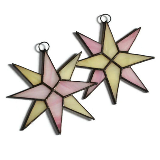 Christmas Star Stained Glass Ornaments Set of 2 Pink Ivory