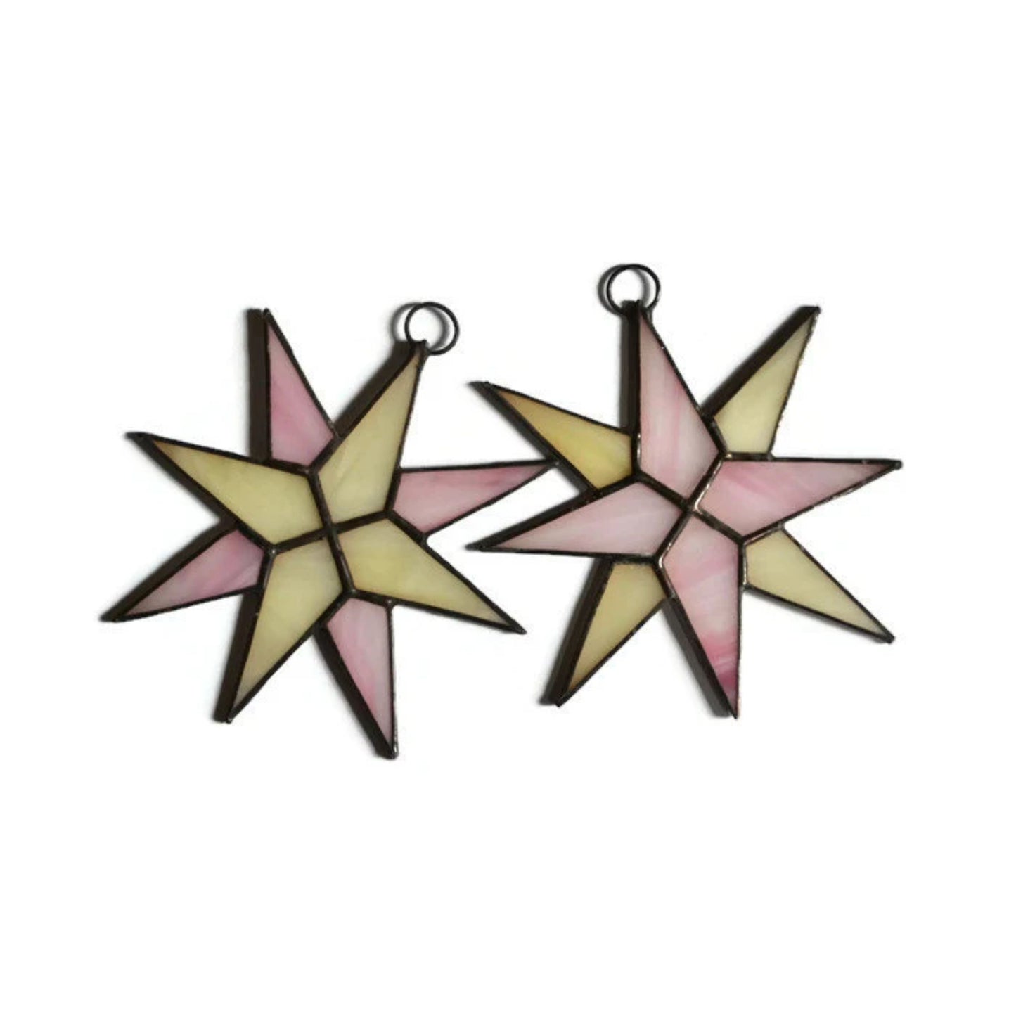 Christmas Star Stained Glass Ornaments Set of 2 Pink Ivory