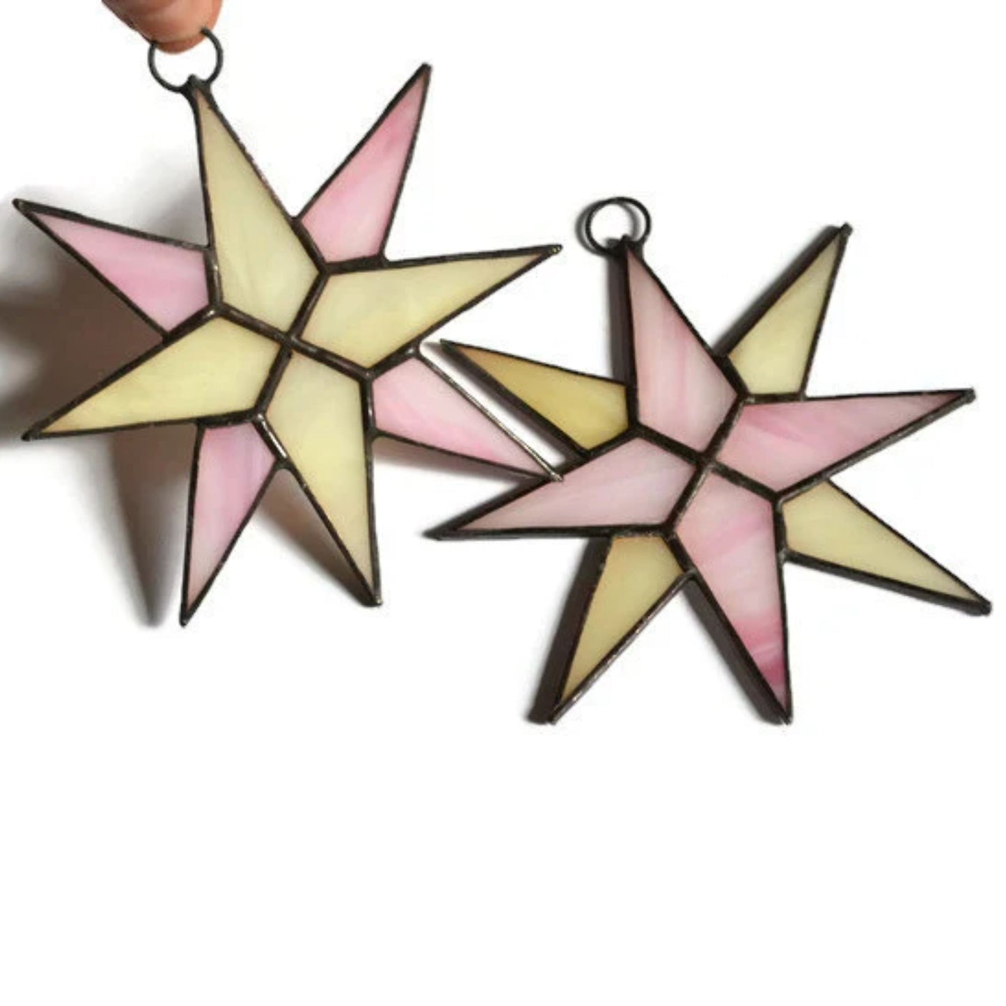 Christmas Star Stained Glass Ornaments Set of 2 Pink Ivory