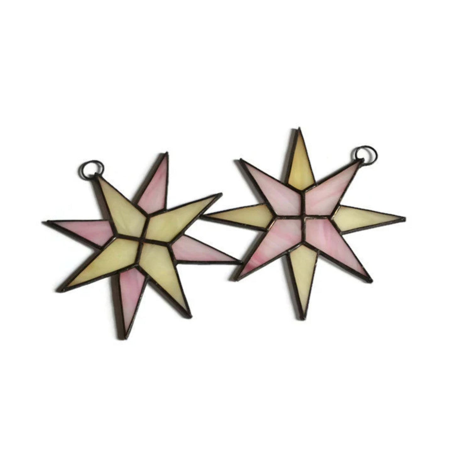 Christmas Star Stained Glass Ornaments Set of 2 Pink Ivory