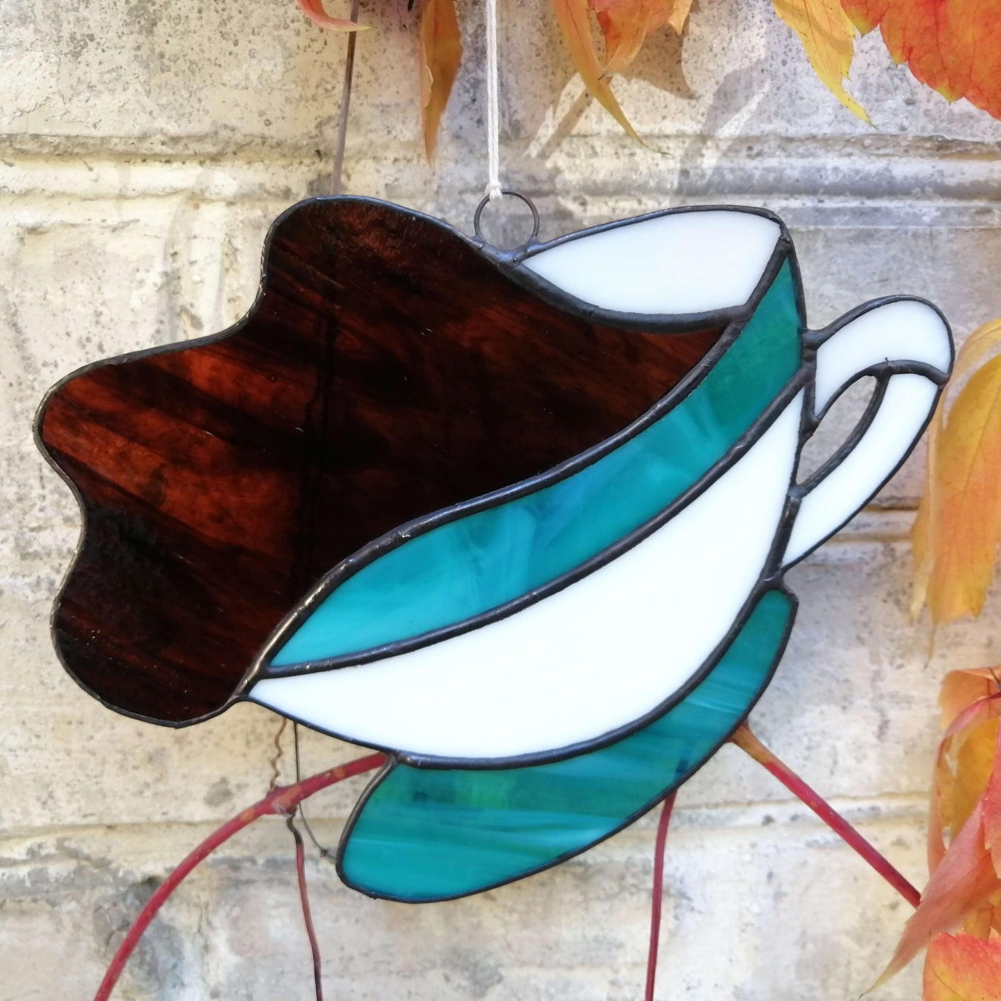 Coffee Splash in Cup Stained Glass Suncatcher