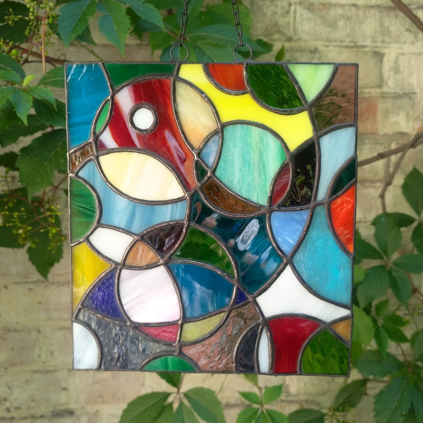 Mid Century Modern Colorful Abstract Cosmic Stained Glass Panel