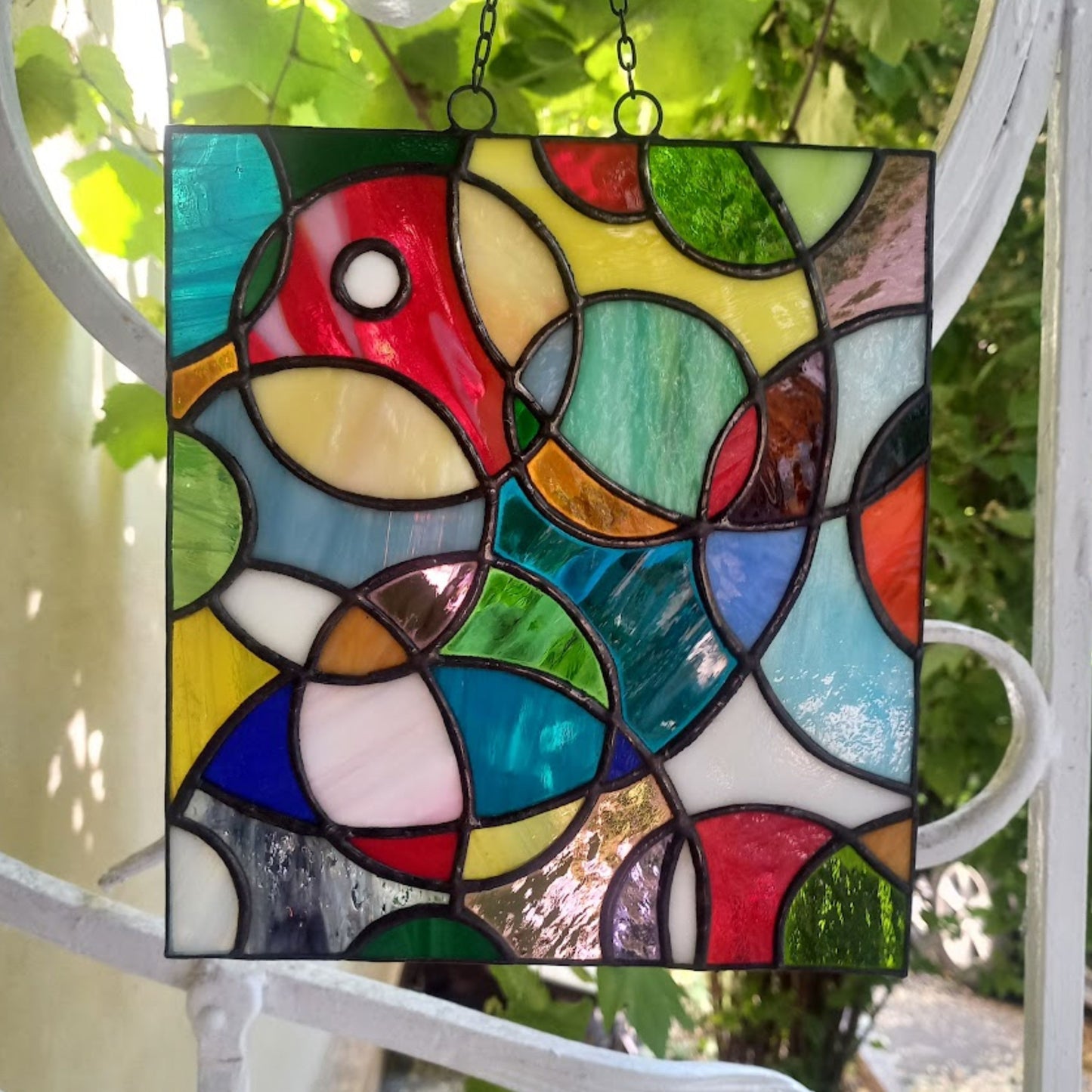 Mid Century Modern Colorful Abstract Cosmic Stained Glass Panel