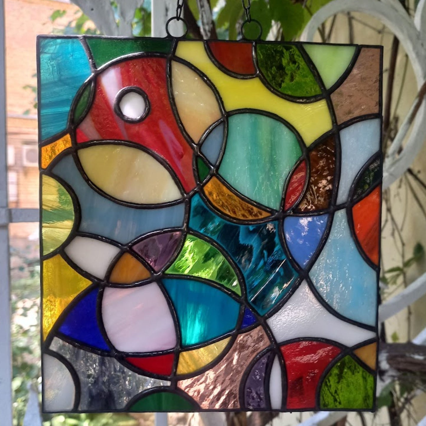 Mid Century Modern Colorful Abstract Cosmic Stained Glass Panel