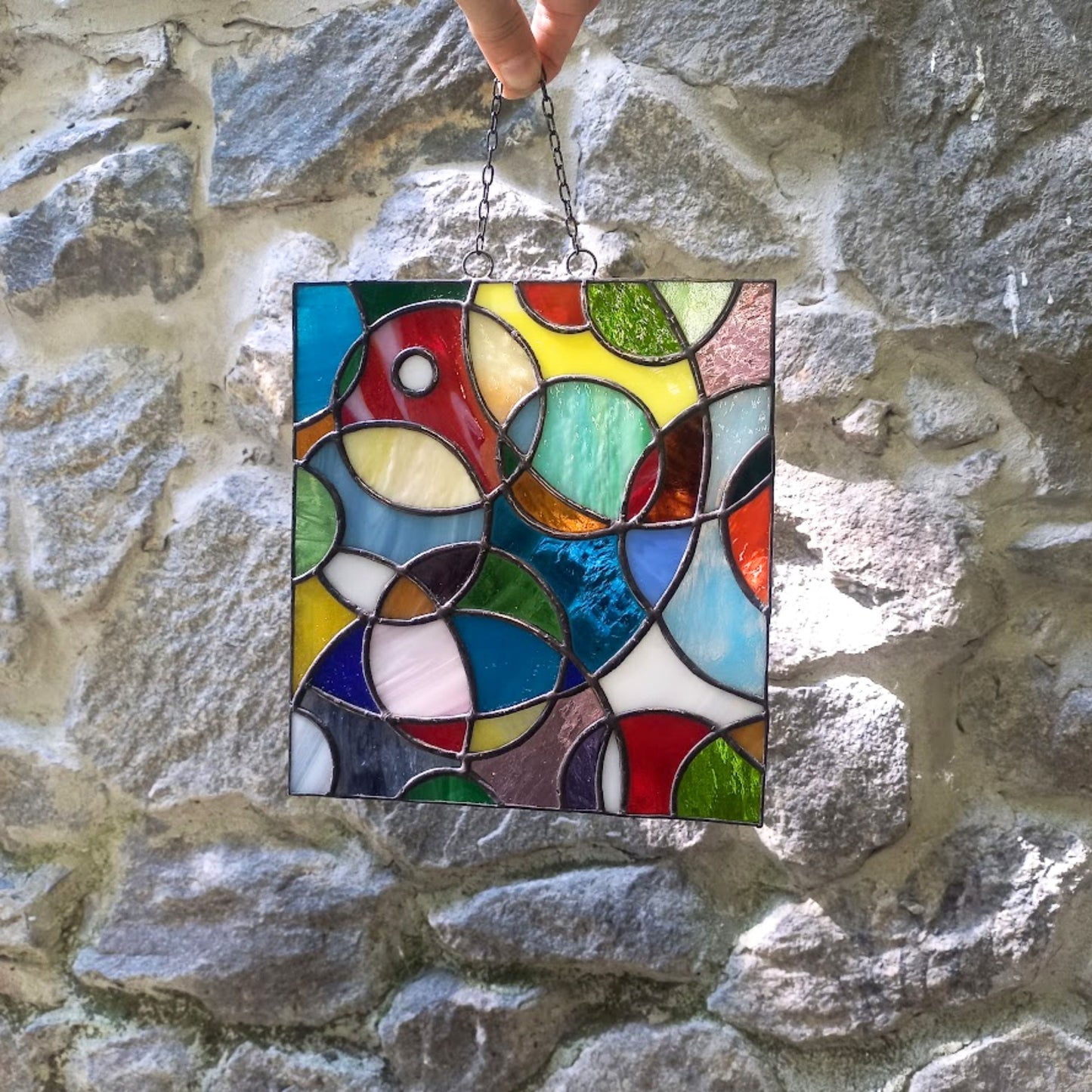 Mid Century Modern Colorful Abstract Cosmic Stained Glass Panel