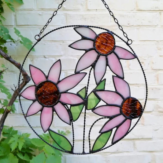 Pink Purple Coneflowers Round Stained Glass Panel