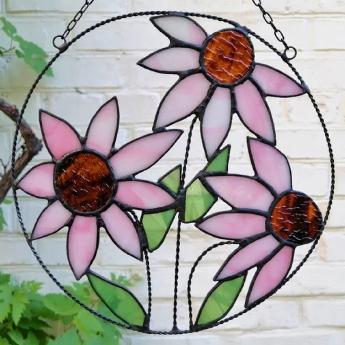 Pink Purple Coneflowers Round Stained Glass Panel