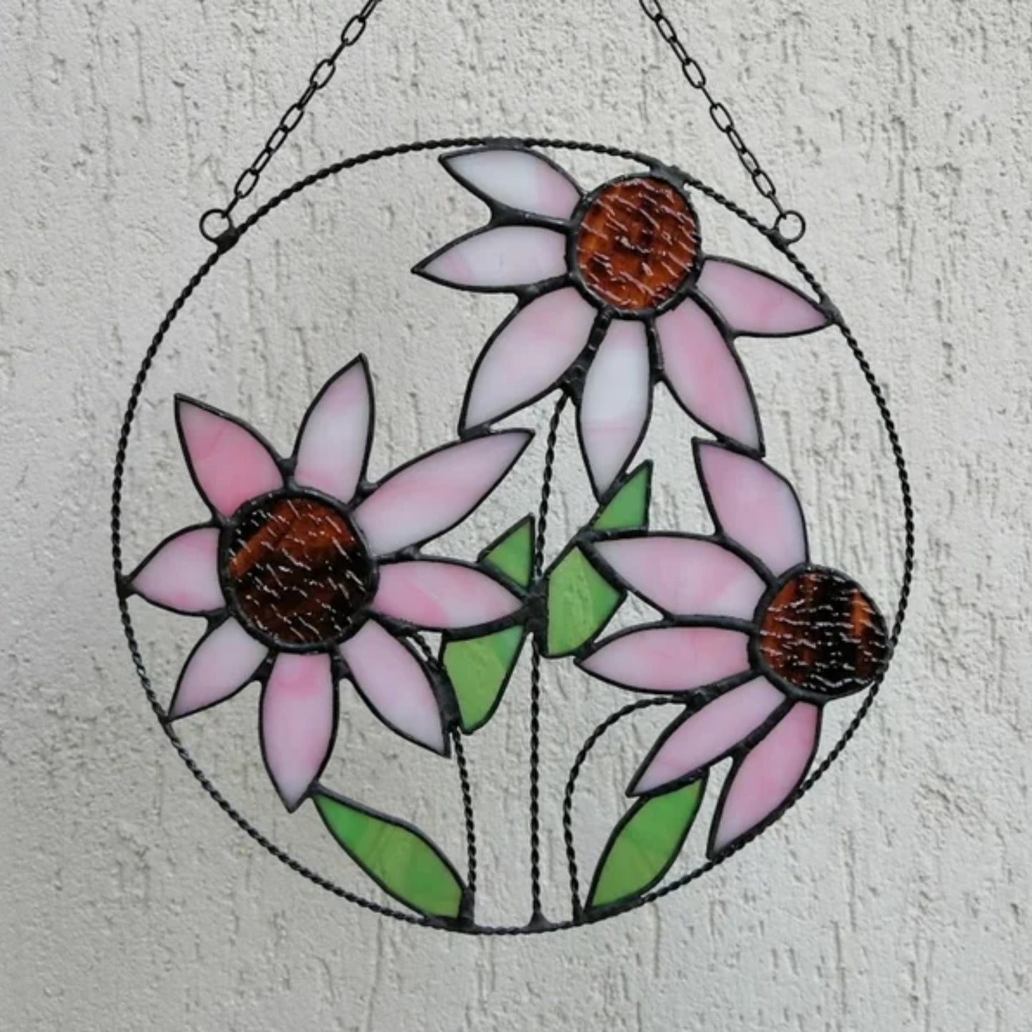 Pink Purple Coneflowers Round Stained Glass Panel