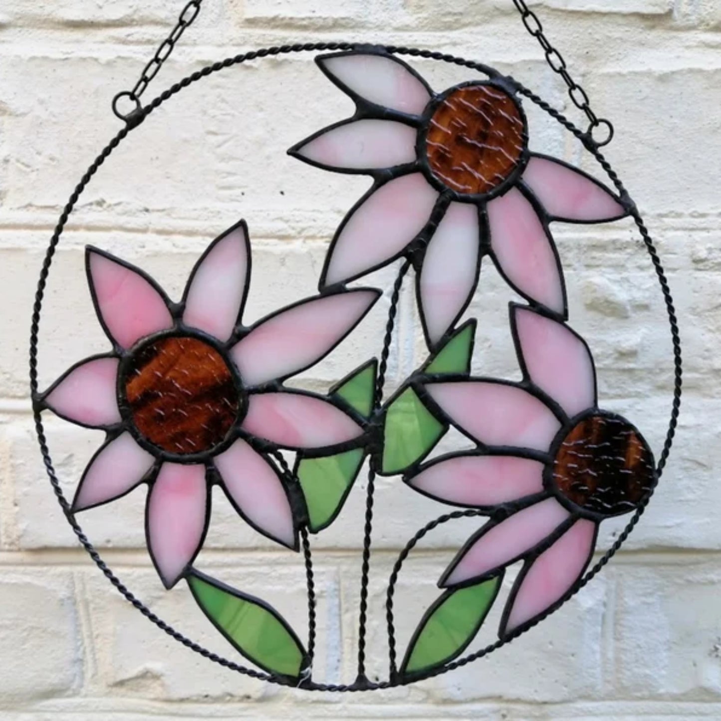 Pink Purple Coneflowers Round Stained Glass Panel