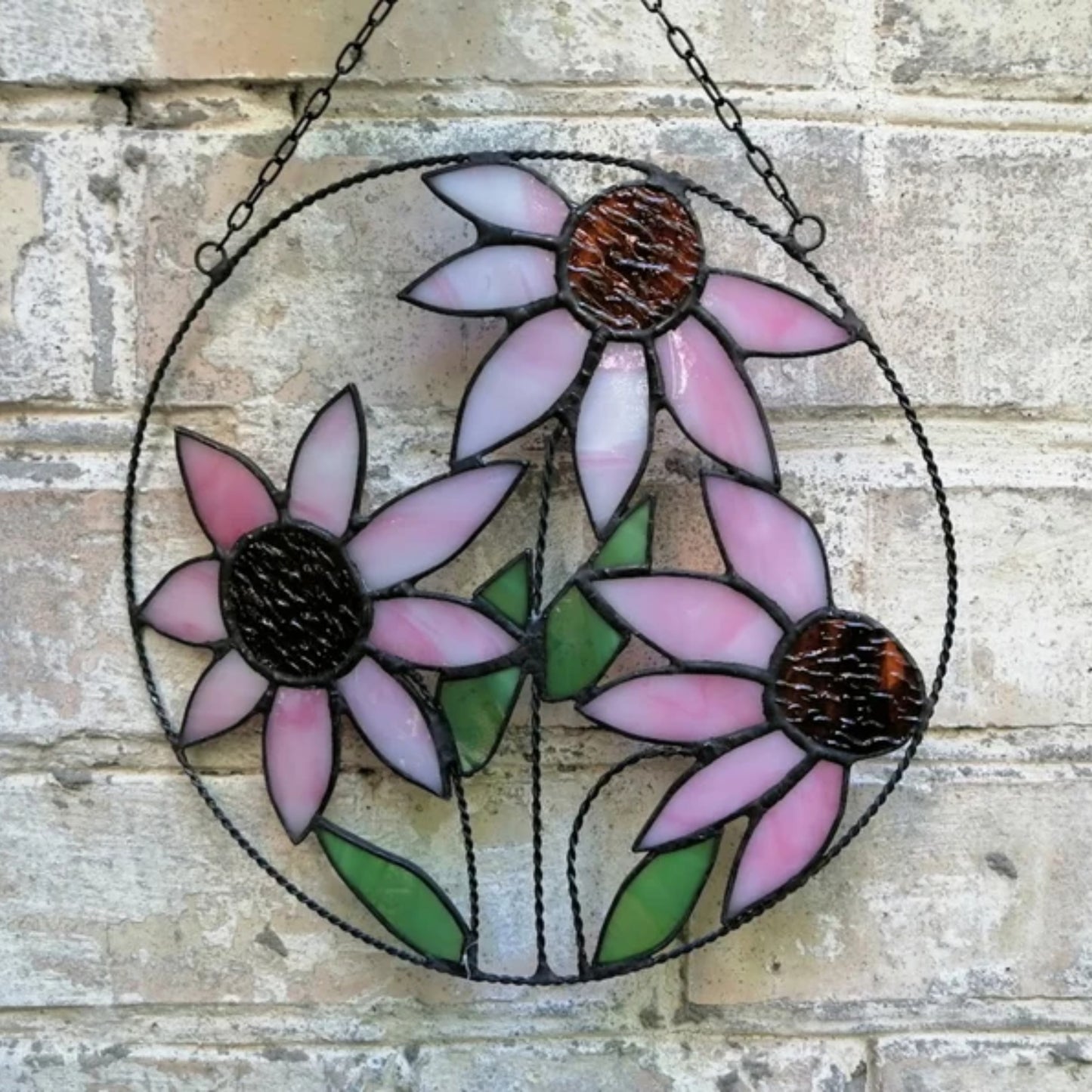 Pink Purple Coneflowers Round Stained Glass Panel