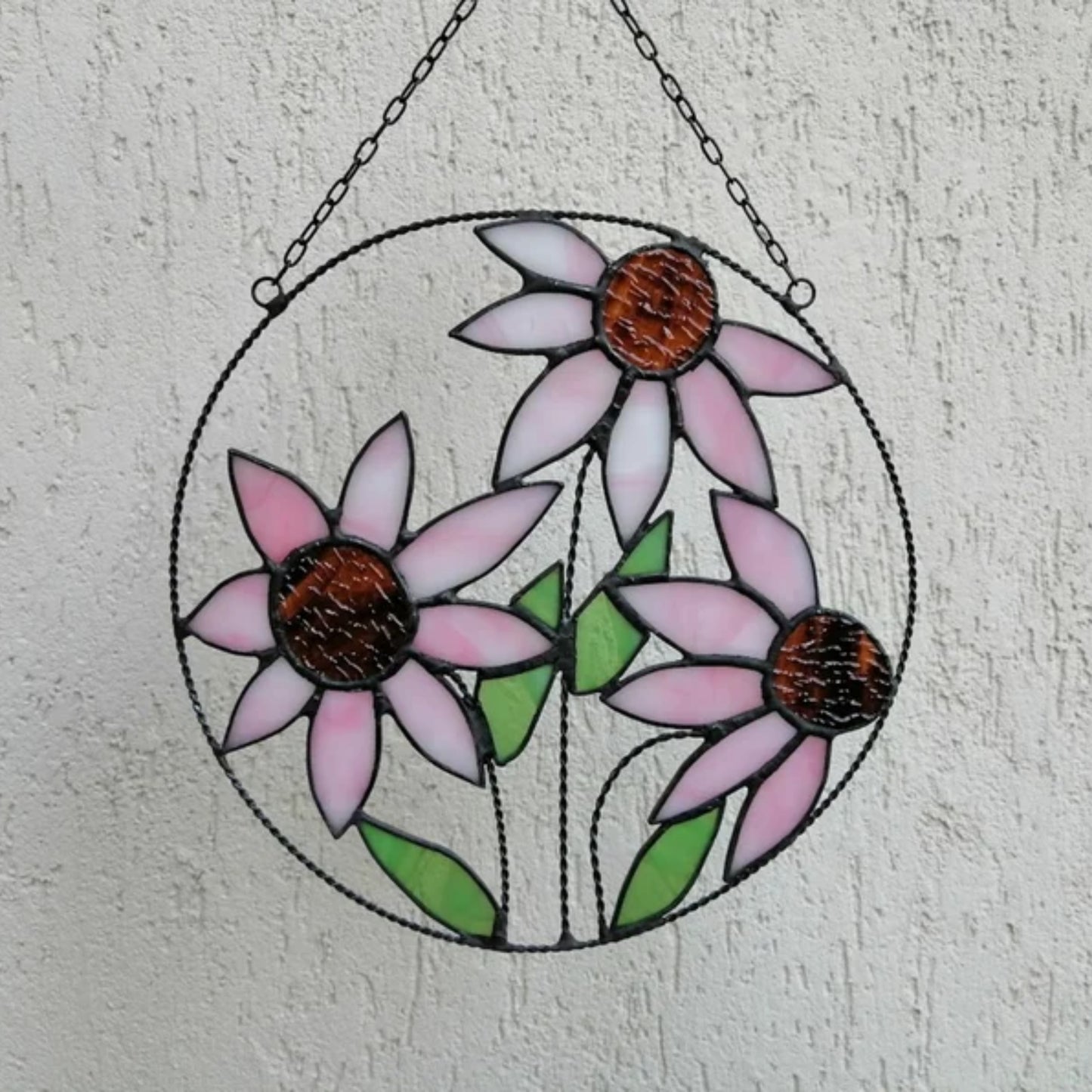 Pink Purple Coneflowers Round Stained Glass Panel