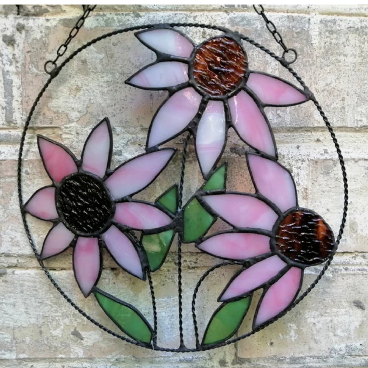 Pink Purple Coneflowers Round Stained Glass Panel