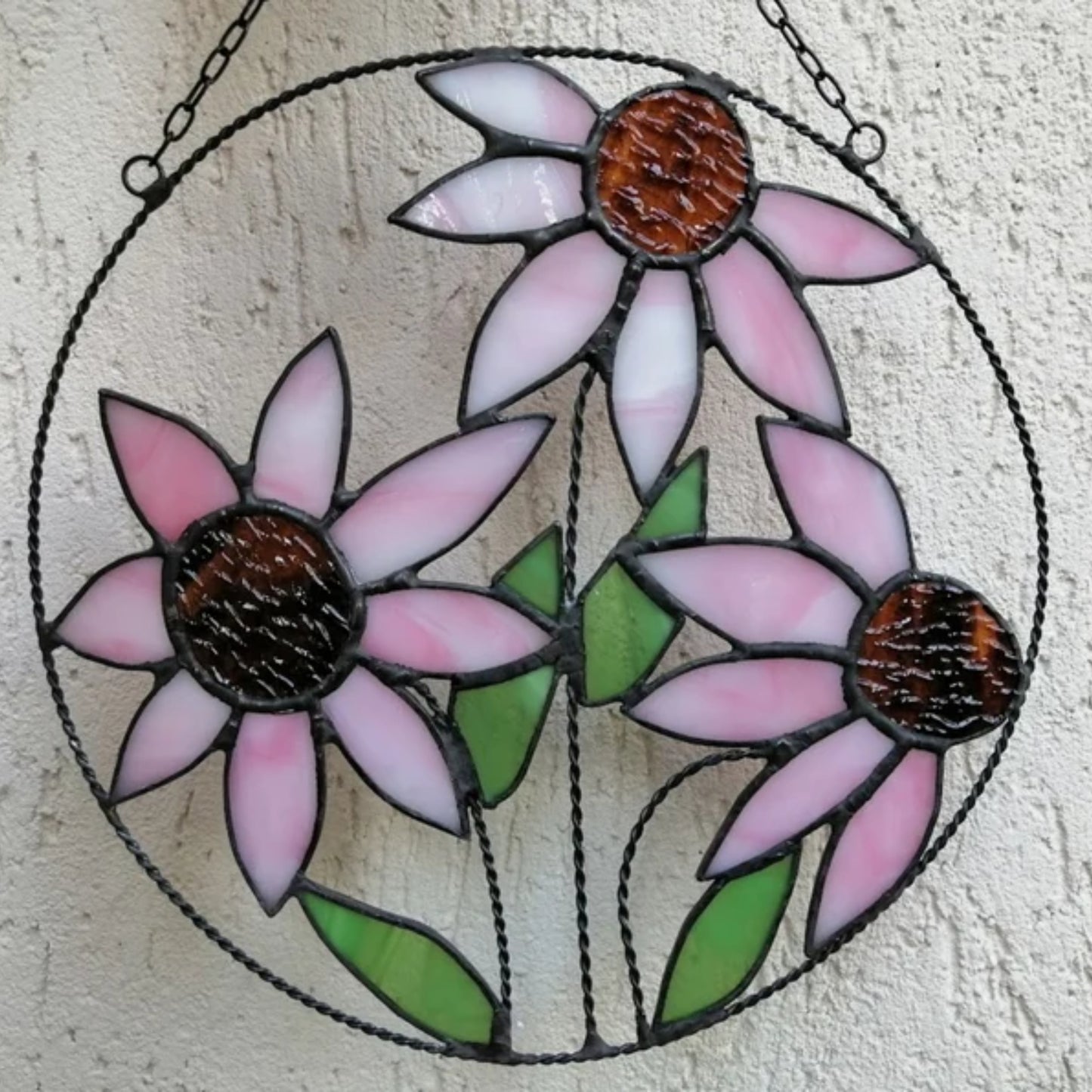 Pink Purple Coneflowers Round Stained Glass Panel