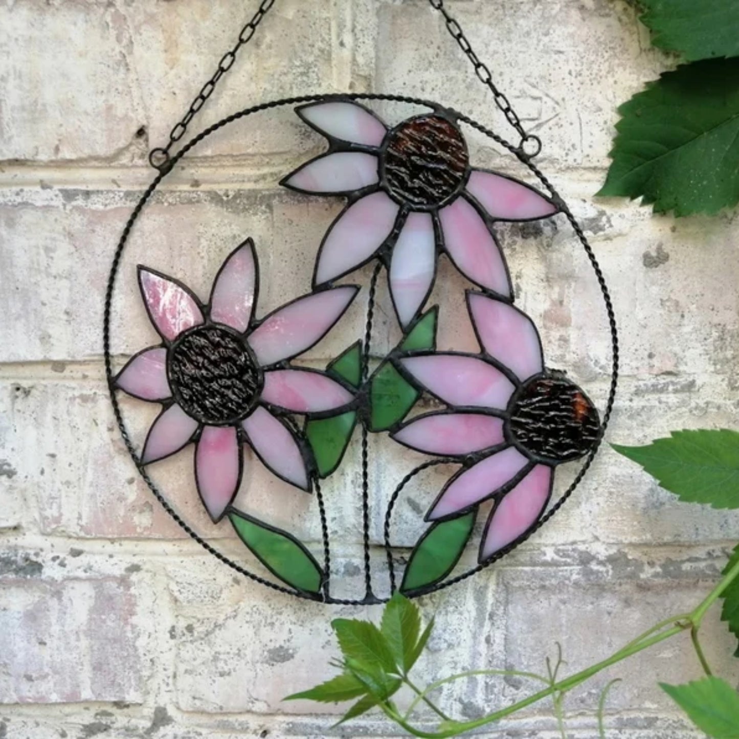 Pink Purple Coneflowers Round Stained Glass Panel