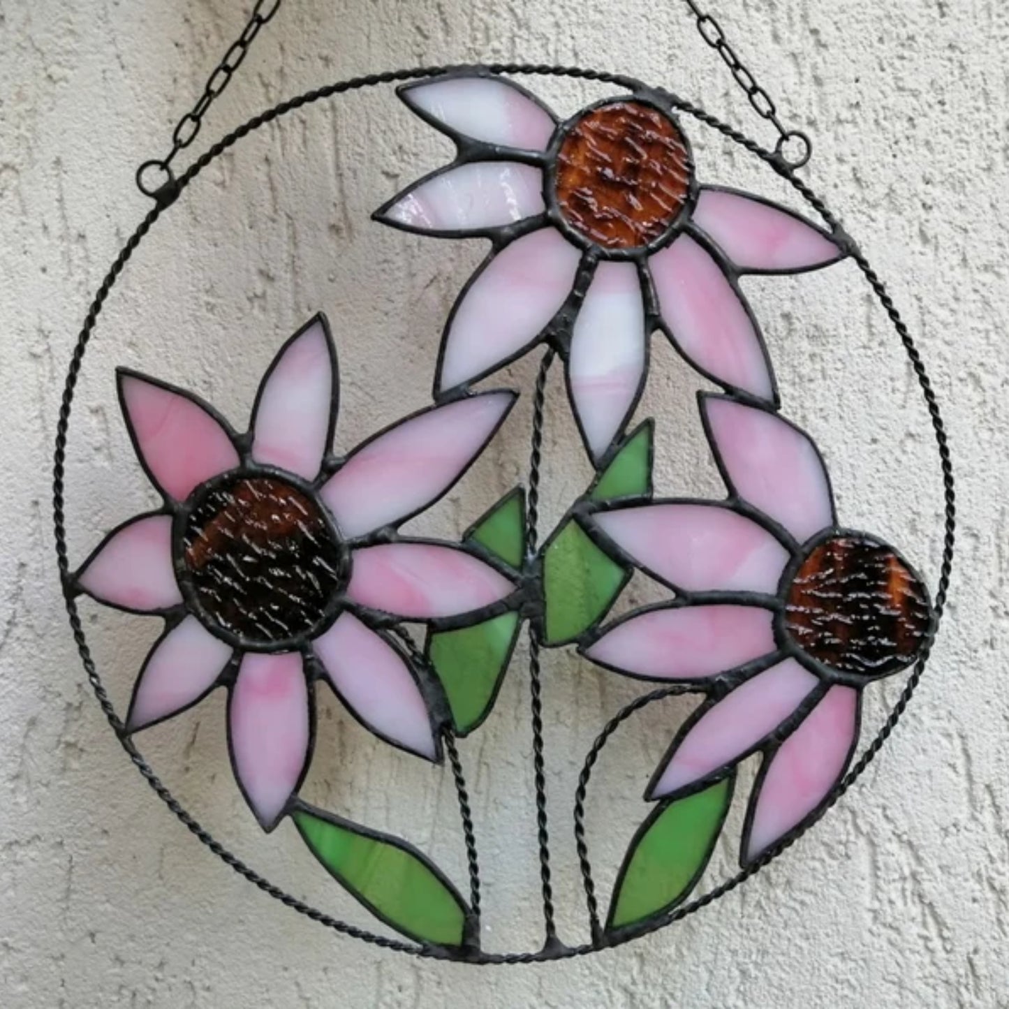 Pink Purple Coneflowers Round Stained Glass Panel