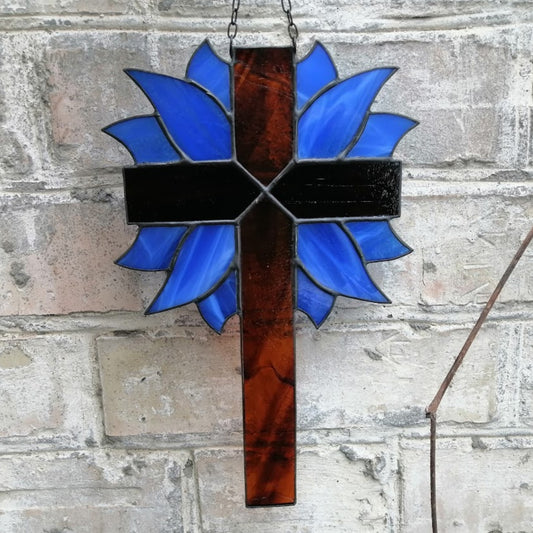 Decorative Cross with Cobalt Blue Leaves Stained Glass Suncatcher