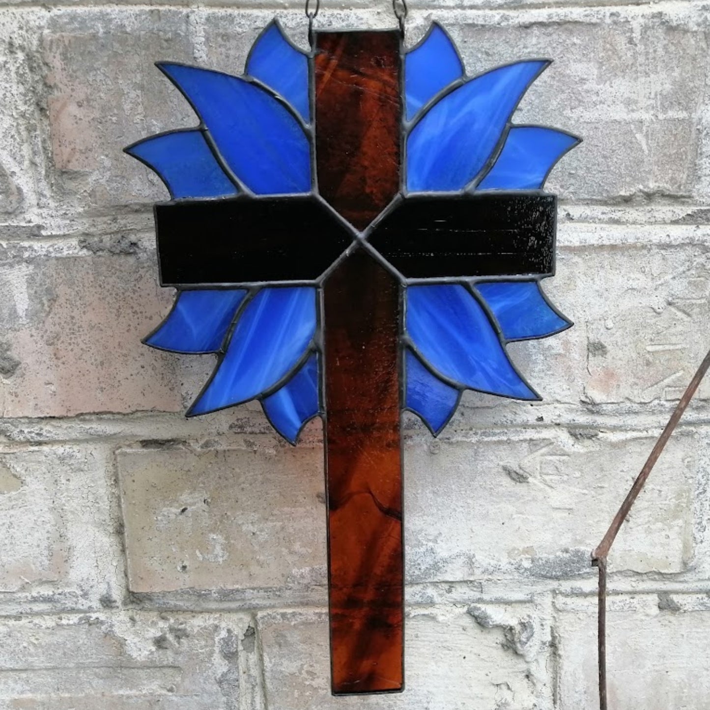 Decorative Cross with Cobalt Blue Leaves Stained Glass Suncatcher