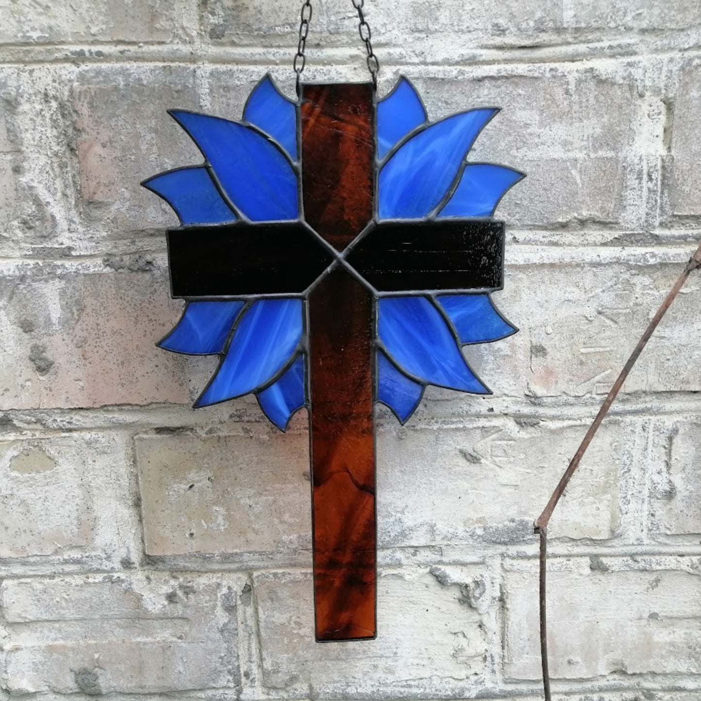 Decorative Cross with Cobalt Blue Leaves Stained Glass Suncatcher