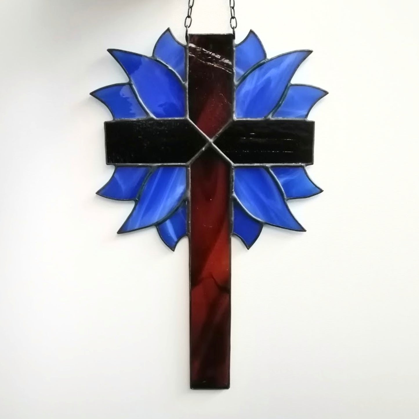 Decorative Cross with Cobalt Blue Leaves Stained Glass Suncatcher