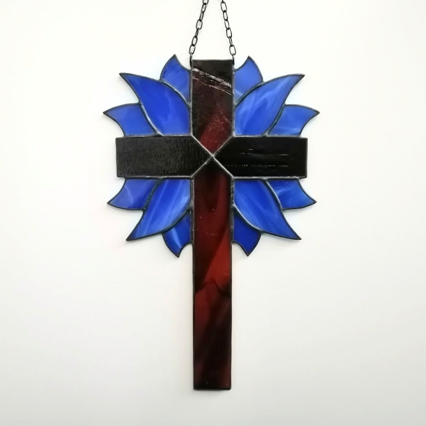 Decorative Cross with Cobalt Blue Leaves Stained Glass Suncatcher