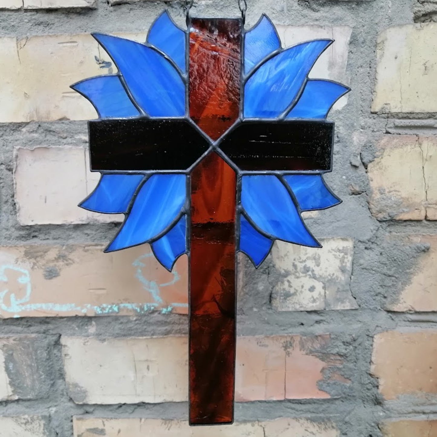 Decorative Cross with Cobalt Blue Leaves Stained Glass Suncatcher