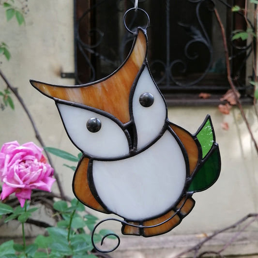 Cute Owl on Branch Stained Glass Suncatcher