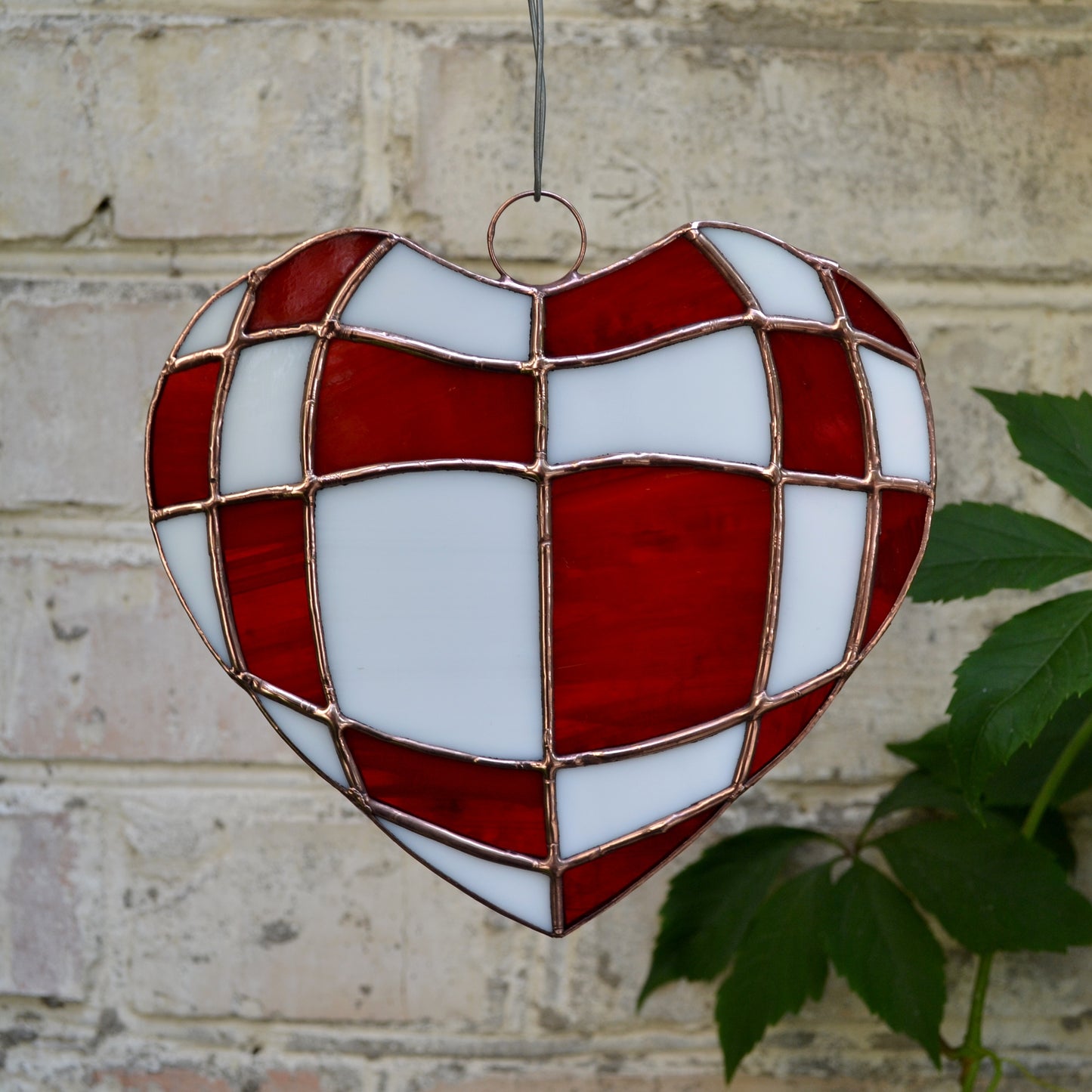 Red and White Checkerboard Heart Stained Glass Suncatcher