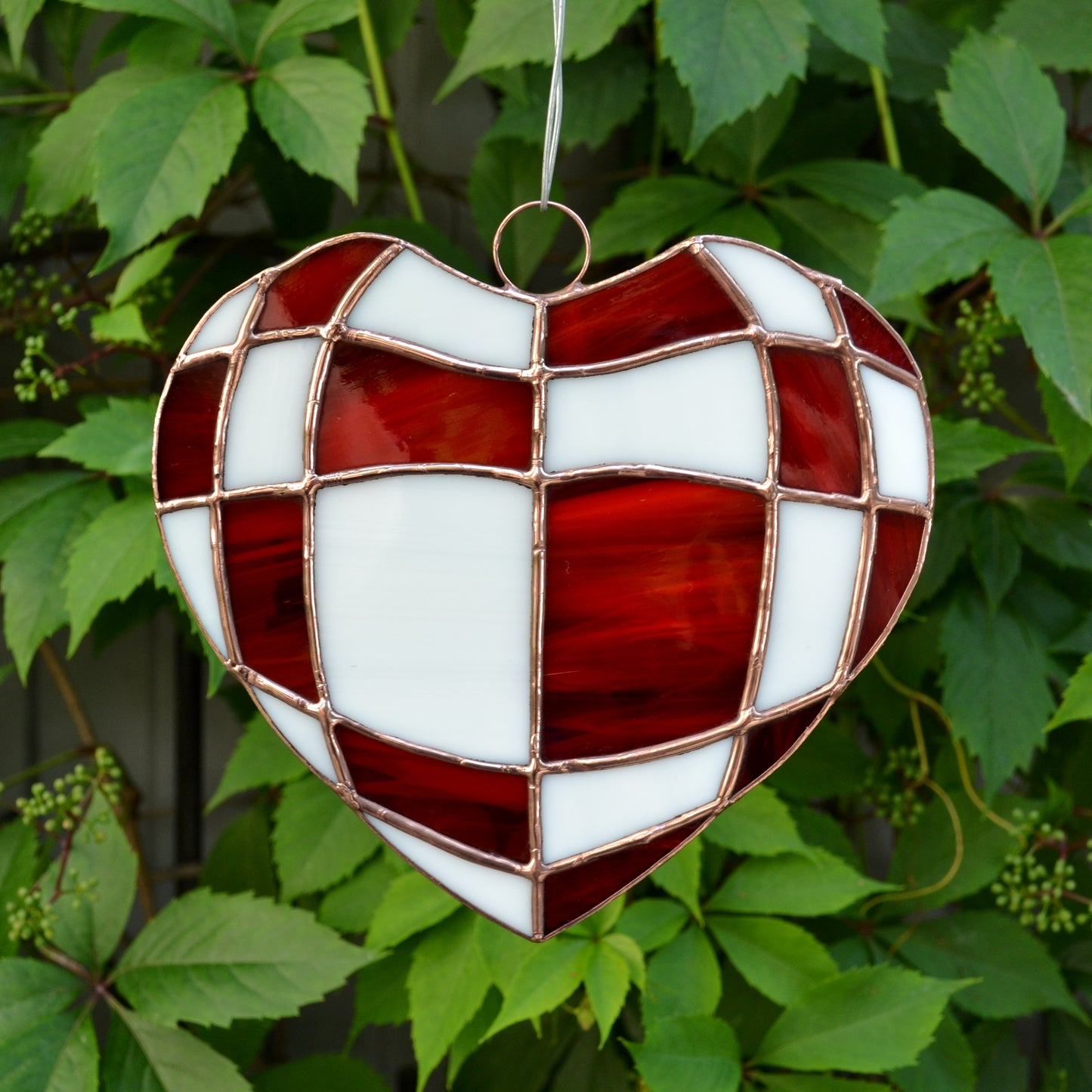 Red and White Checkerboard Heart Stained Glass Suncatcher