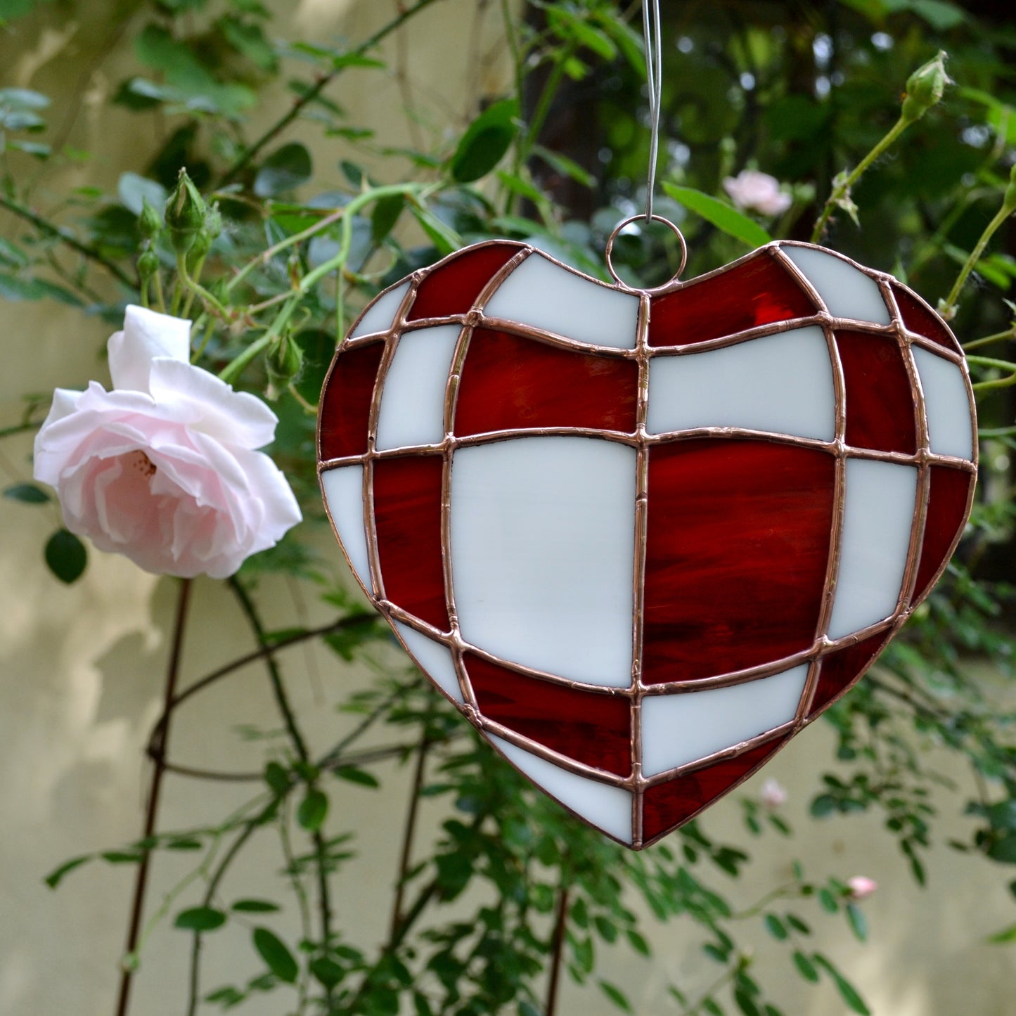 Red and White Checkerboard Heart Stained Glass Suncatcher