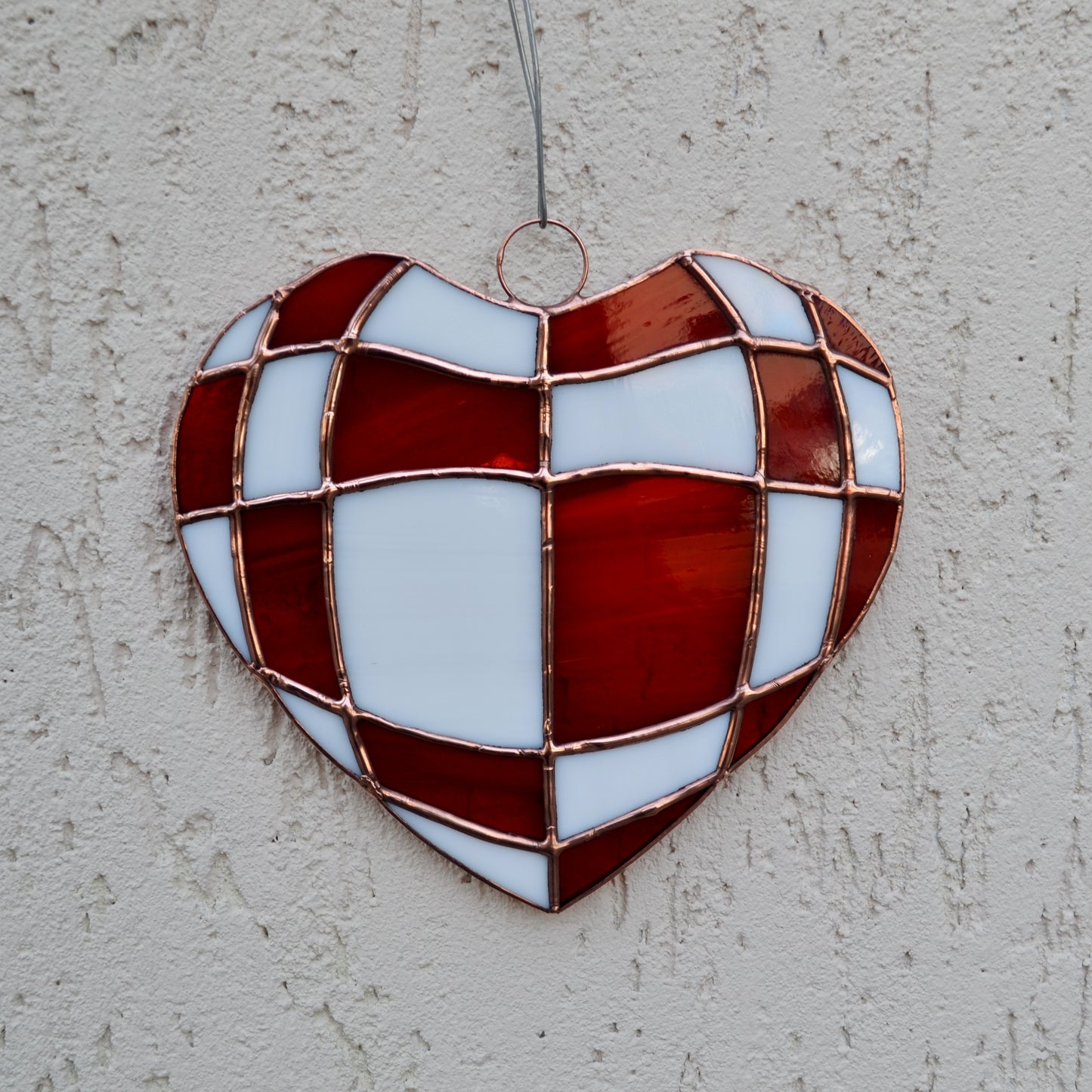 Red and White Checkerboard Heart Stained Glass Suncatcher