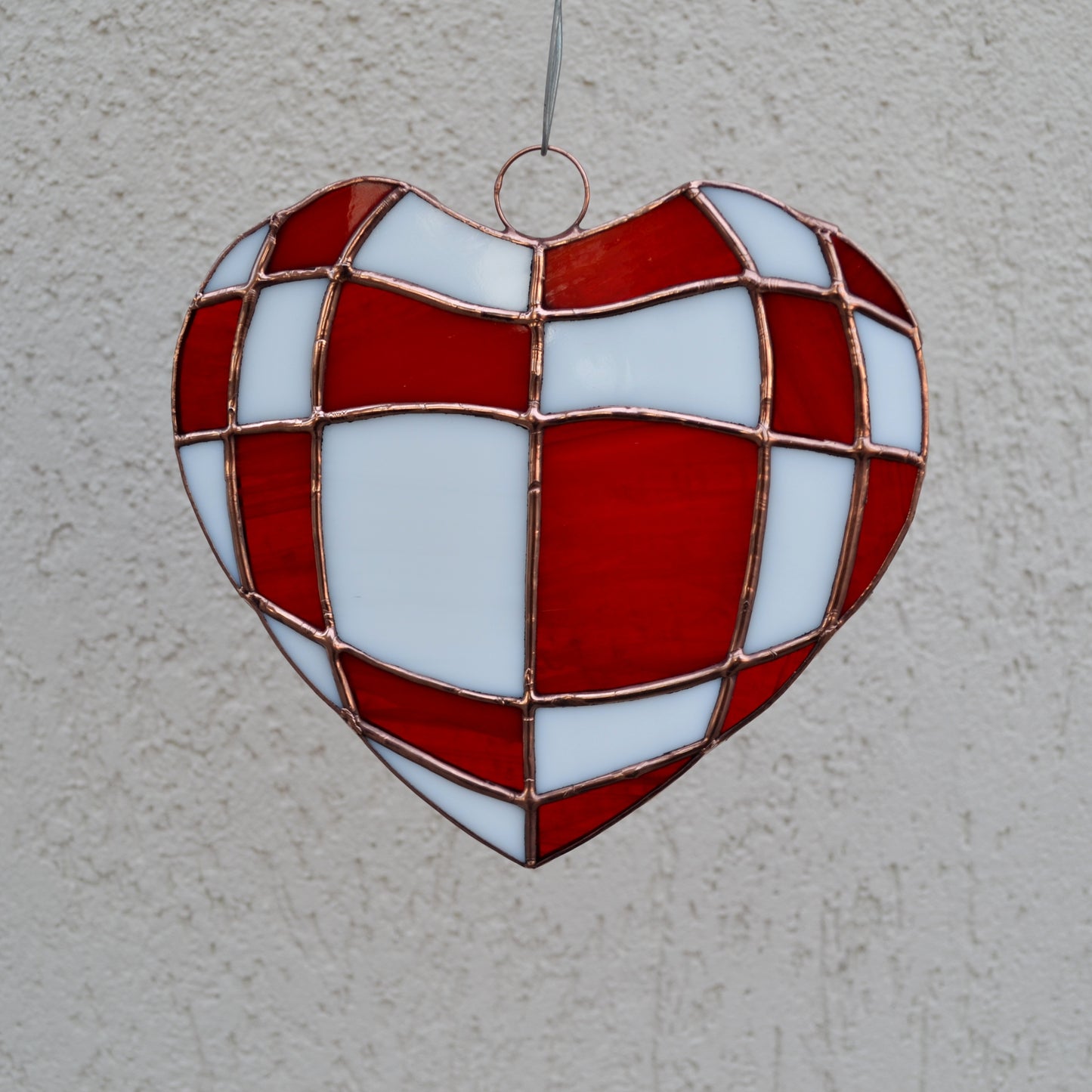 Red and White Checkerboard Heart Stained Glass Suncatcher