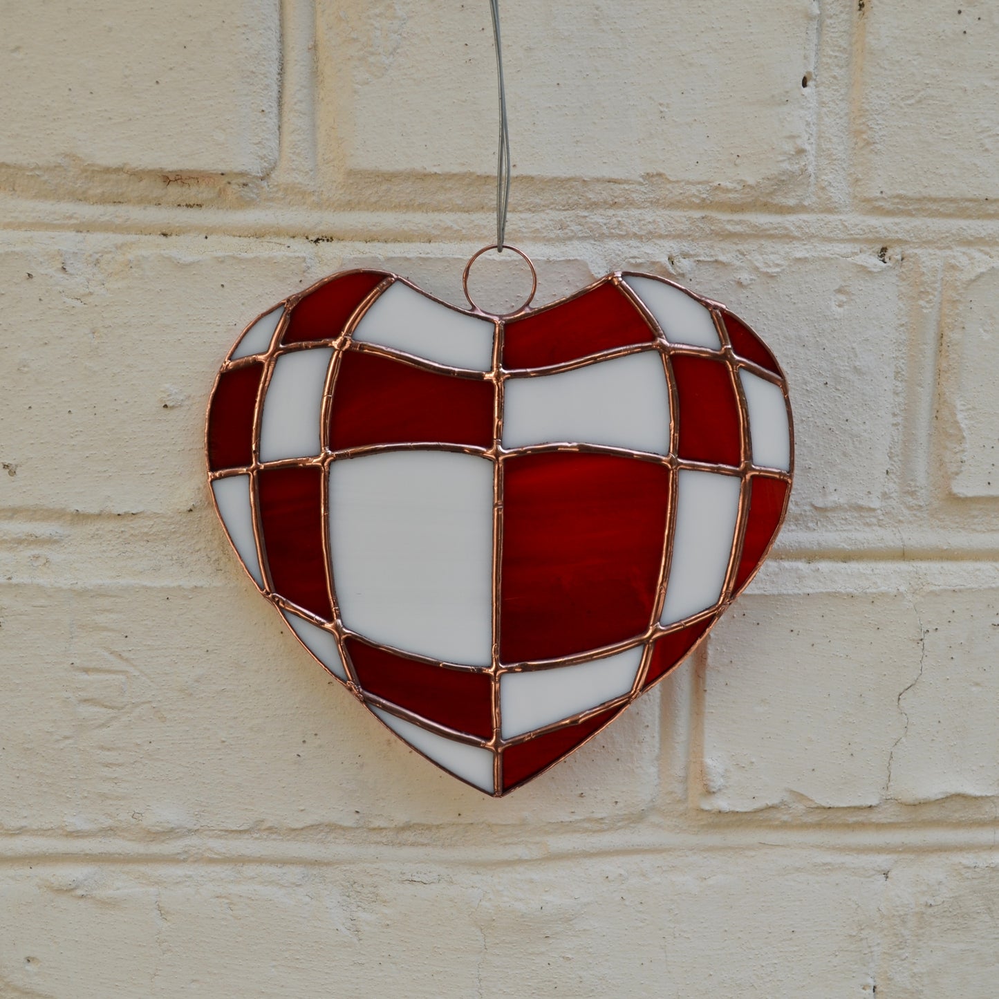 Red and White Checkerboard Heart Stained Glass Suncatcher