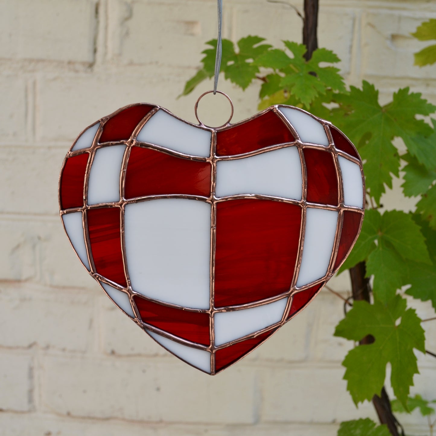 Red and White Checkerboard Heart Stained Glass Suncatcher