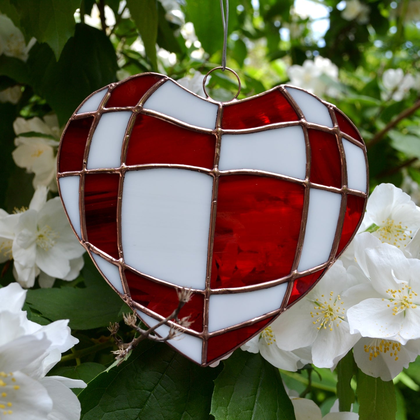 Red and White Checkerboard Heart Stained Glass Suncatcher