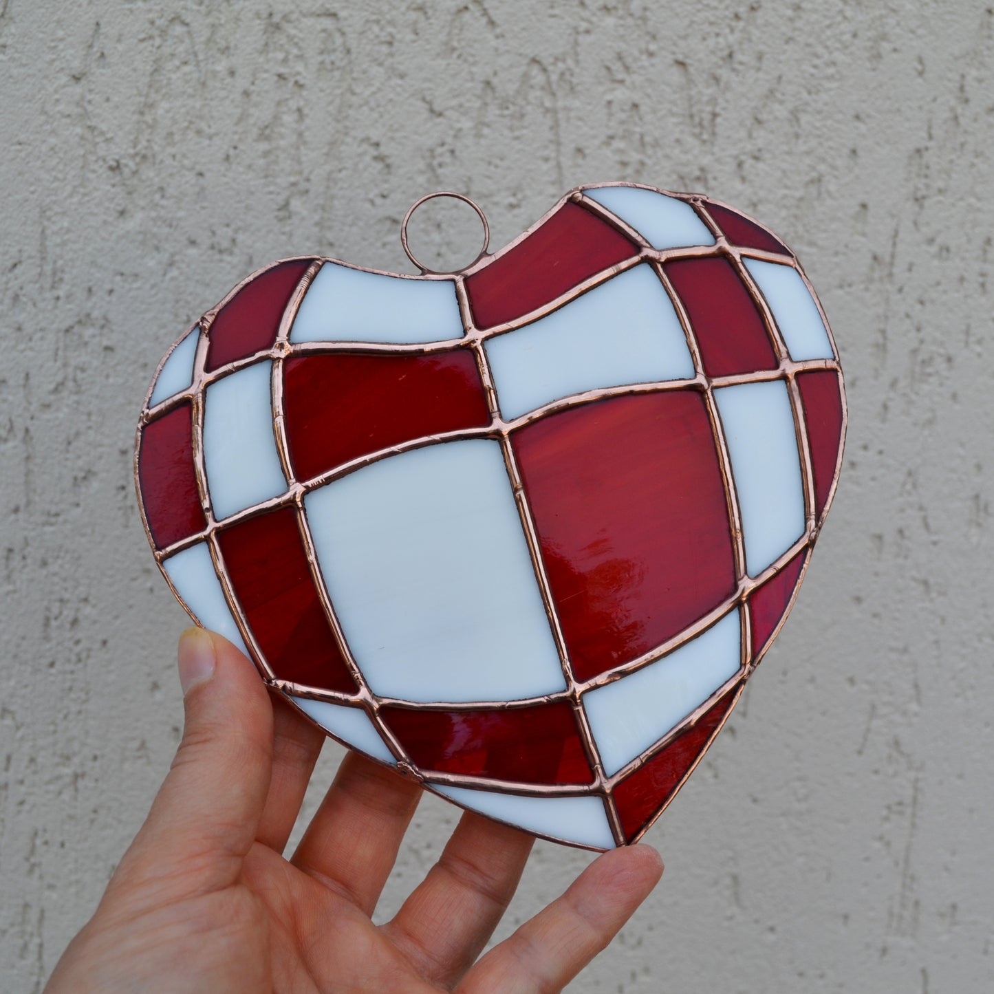 Red and White Checkerboard Heart Stained Glass Suncatcher