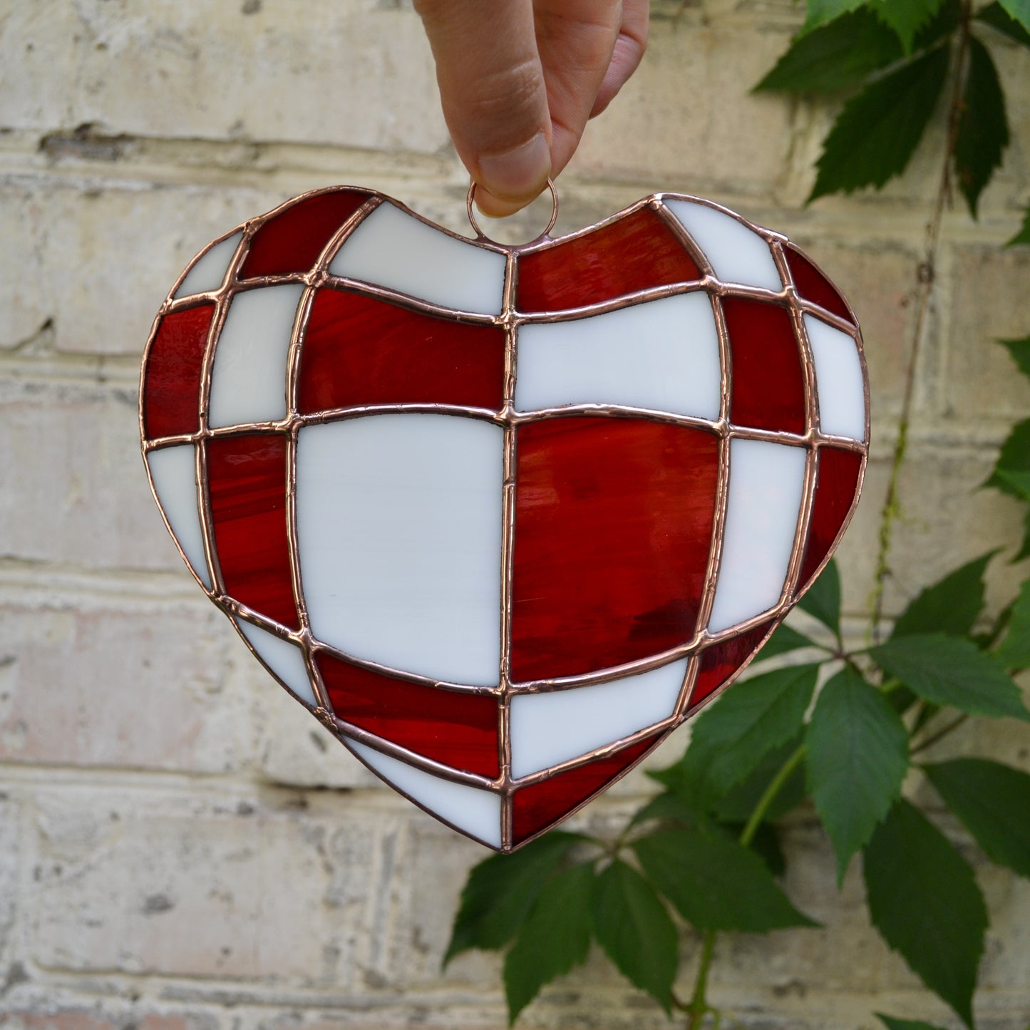 Red and White Checkerboard Heart Stained Glass Suncatcher