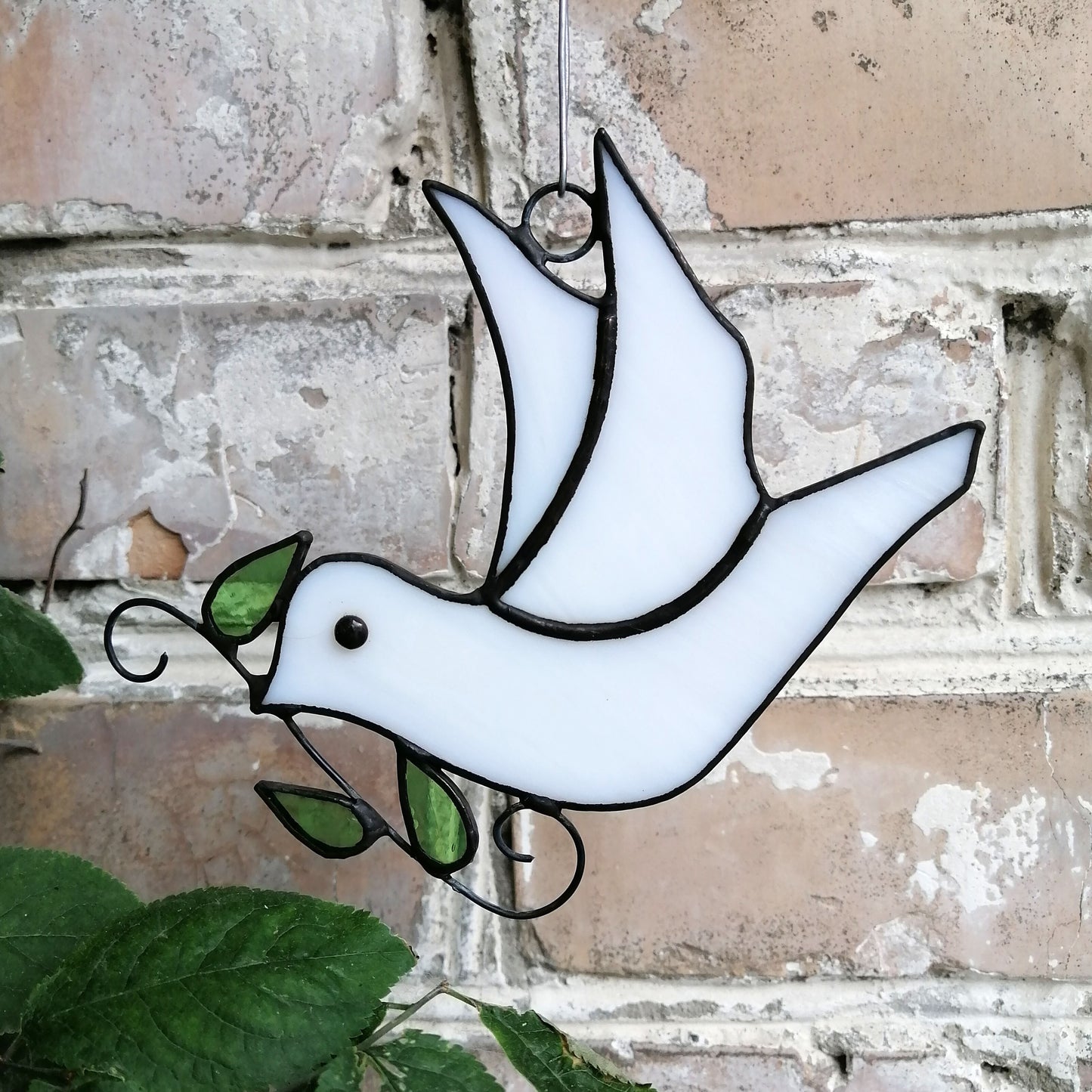 Flying White Dove with Olive Branch Stained Glass Suncatcher