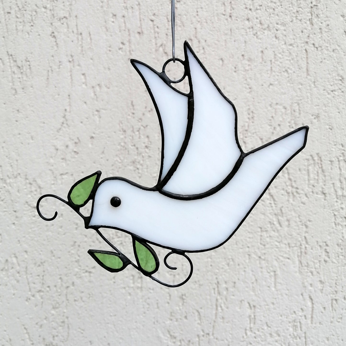 Flying White Dove with Olive Branch Stained Glass Suncatcher