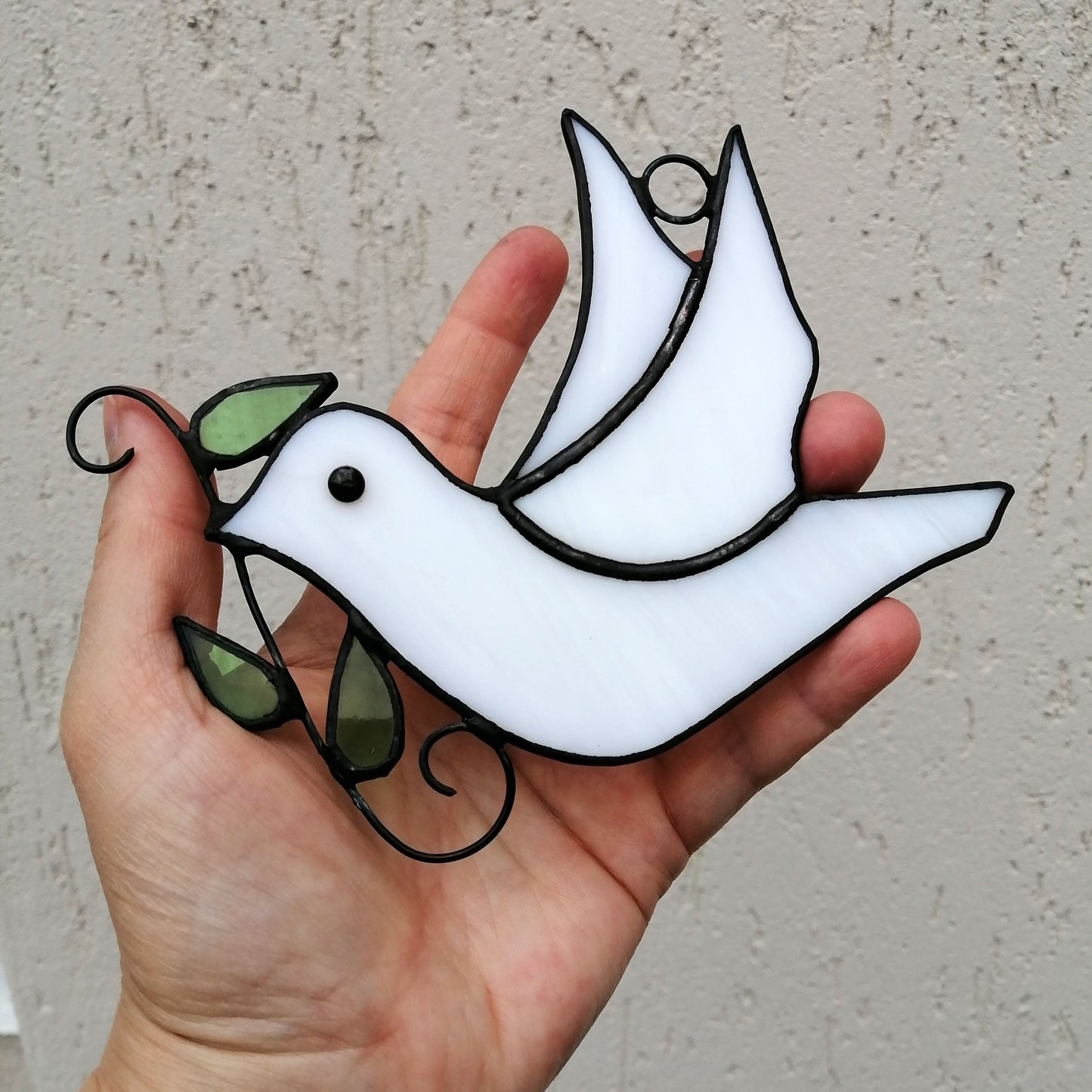 Flying White Dove with Olive Branch Stained Glass Suncatcher